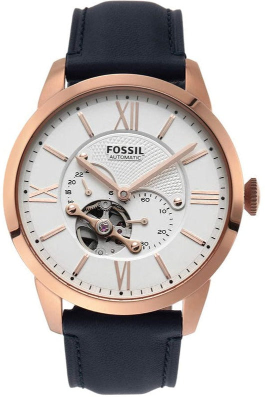 Fossil Townsman Automatic White Dial Navy Blue Leather Strap Watch for Men - ME3171