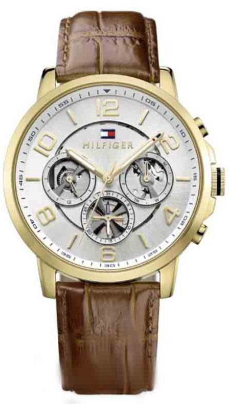 Tommy Hilfiger Keagan Quartz Silver Dial Brown Leather Strap Watch for Men - 1791291