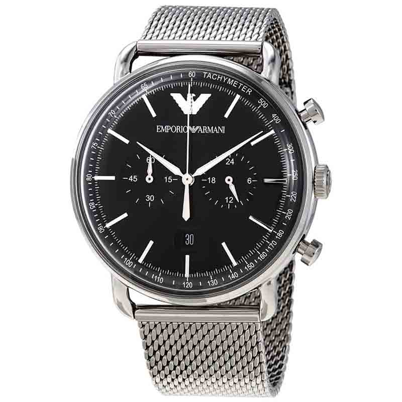 Emporio Armani Chronograph Black Dial Silver Mesh Bracelet Watch For Men - AR11104