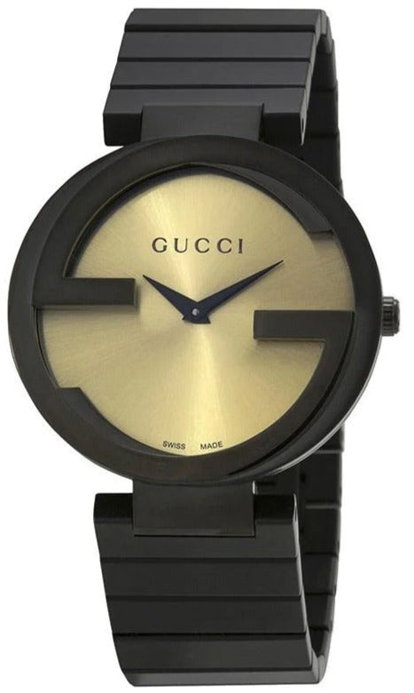 Gucci Interlocking G Quartz Gold Dial Black Steel Strap Watch For Women - YA133314