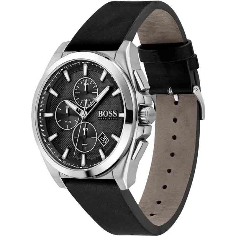 Hugo Boss Grandmaster Chronograph Black Dial Black Leather Strap Watch for Men - 1513881