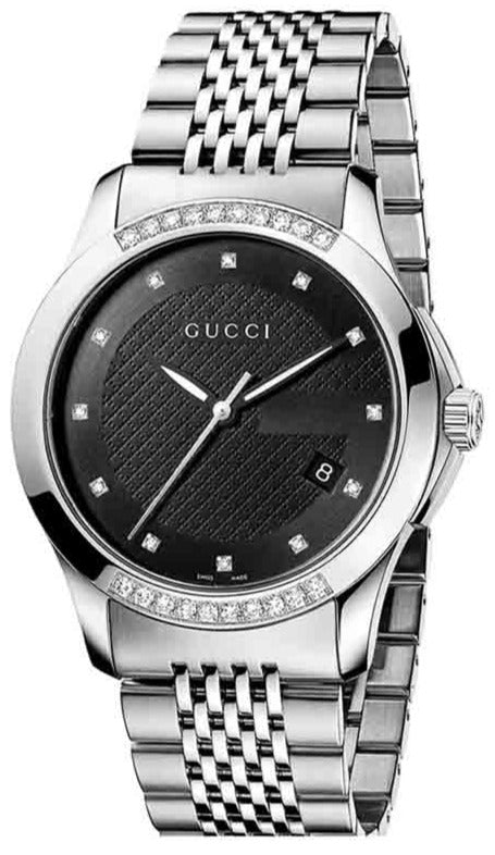 Gucci G Timeless Diamonds Black Dial Silver Steel Strap Watch For Women - YA126408