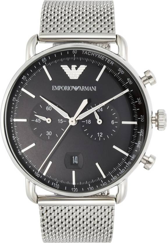 Emporio Armani Chronograph Black Dial Silver Mesh Bracelet Watch For Men - AR11104