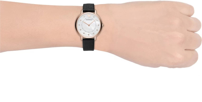 Emporio Armani Kappa Mother of Pearl Dial Black Leather Strap Watch For Women - AR80011