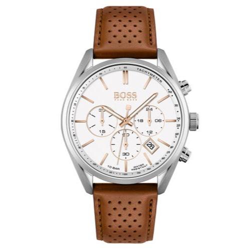 Hugo Boss Champion Chronograph White Dial Brown Leather Strap Watch for Men - 1513879