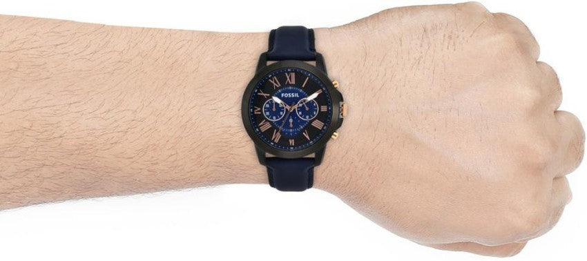 Fossil Grant Chronograph Black Dial Blue Leather Strap Watch for Men - FS5061