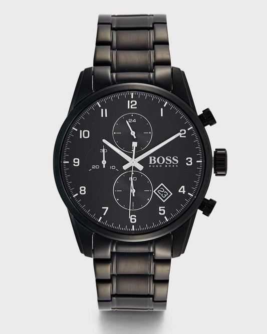 Hugo Boss Skymaster Chronograph Black Dial Black Steel Strap Watch for Men - 1513785