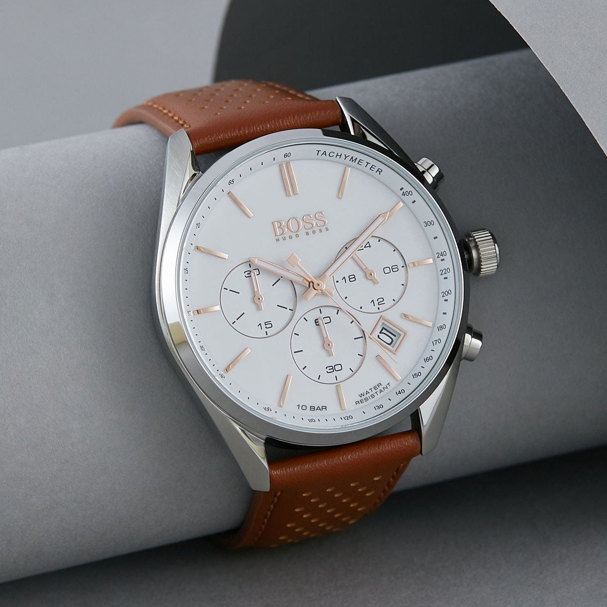 Hugo Boss Champion Chronograph White Dial Brown Leather Strap Watch for Men - 1513879