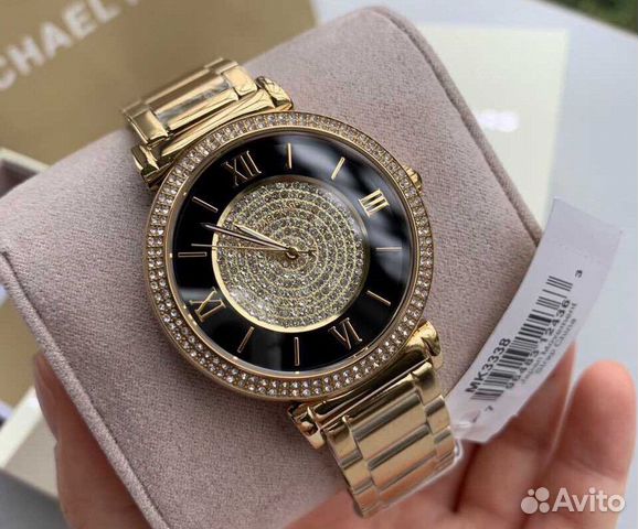 Michael Kors Catlin Black Dial Gold Steel Strap Watch for Women - MK3338