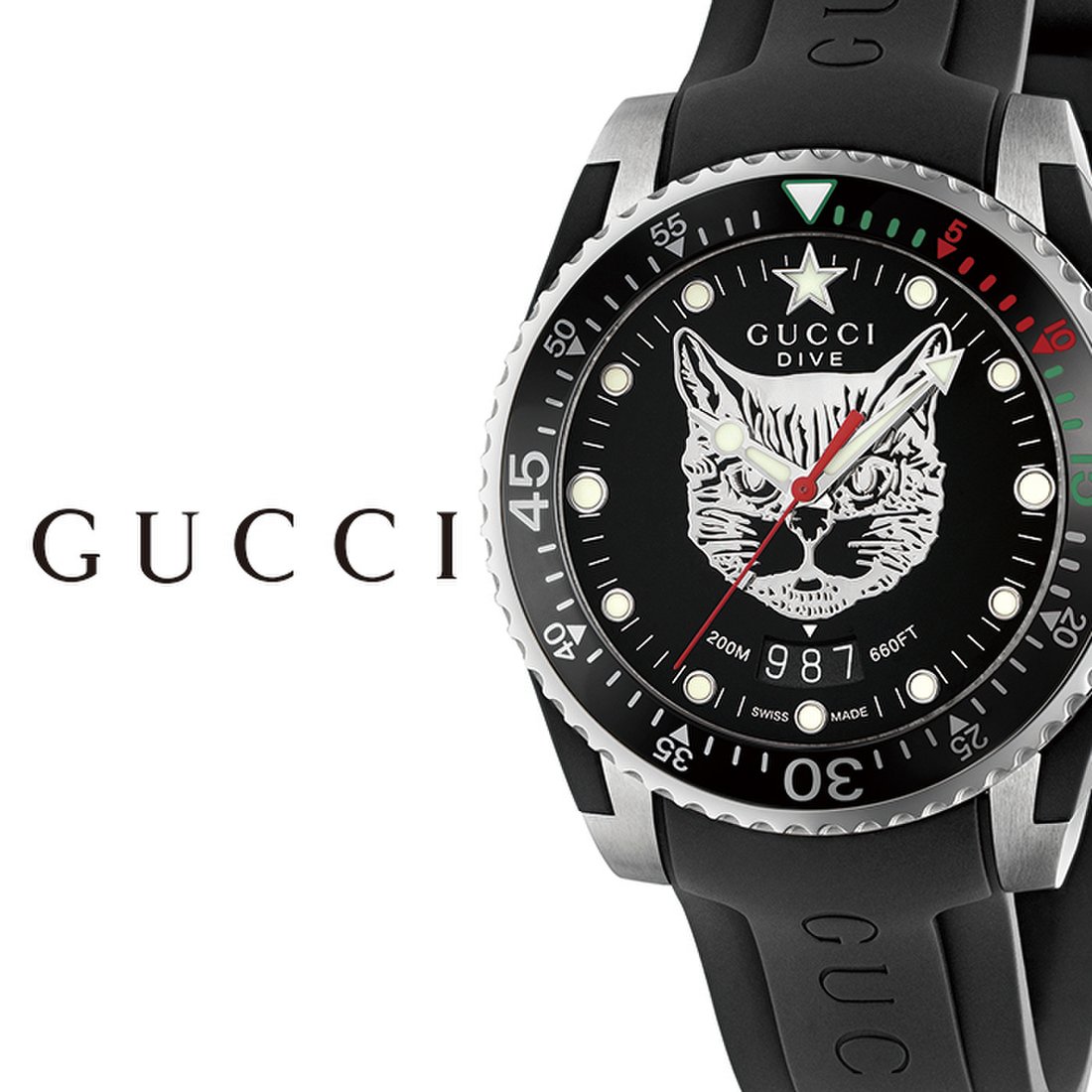 Gucci Dive Feline Quartz Black Dial Black Rubber Strap Watch For Men - YA136323