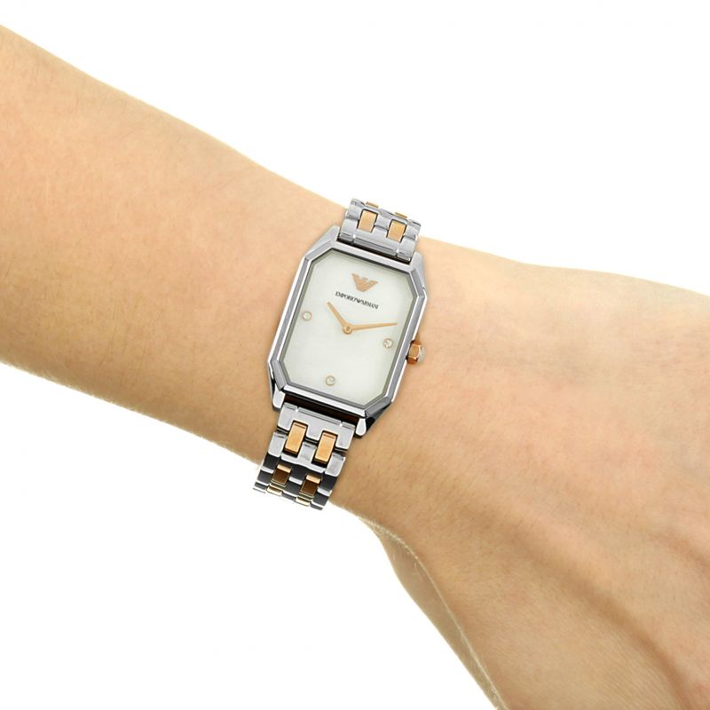 Emporio Armani Gianni T Bar Mother of Pearl Dial Two Tone Steel Strap Watch For Women - AR11146