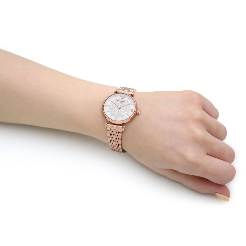 Emporio Armani T-Bar Gianni Crystal Pave Dial Rose Gold Steel Strap Watch For Women - AR11244