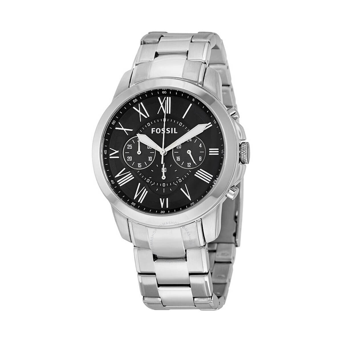 Fossil Grant Chronograph Black Dial Silver Steel Strap Watch for Men - FS4736