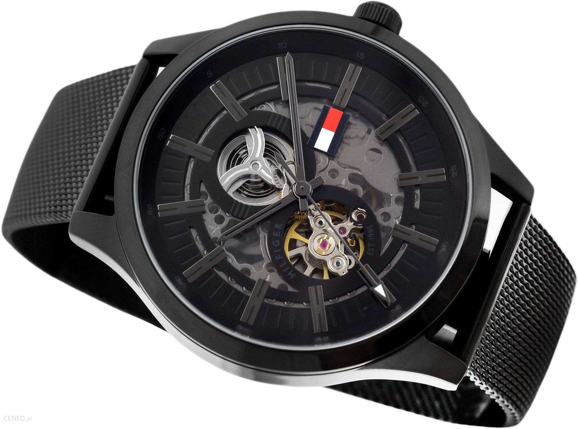 Tommy Hilfiger Spencer Skeleton Black Dial Black Mesh Bracelet Watch for Men - 1791644