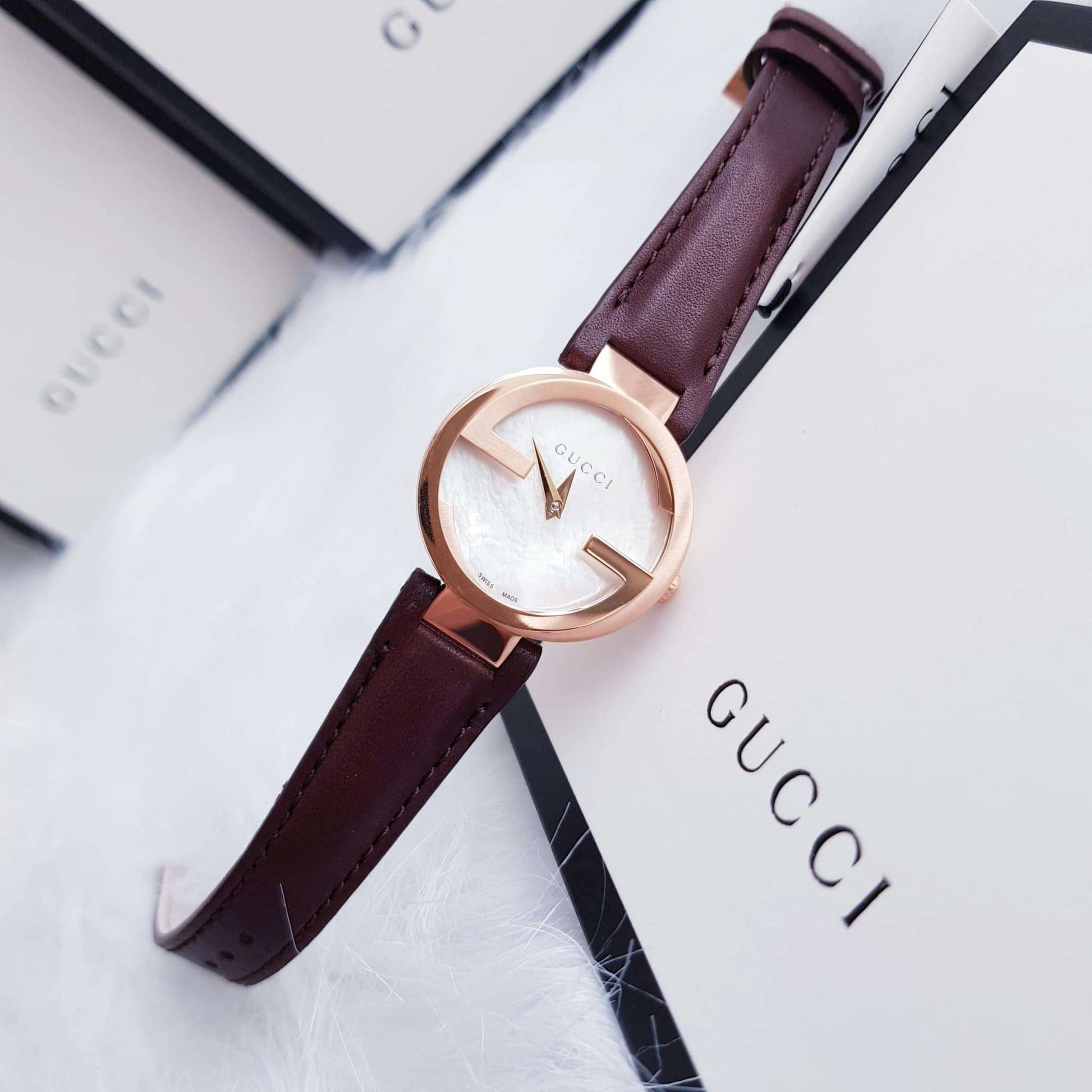 Gucci Interlocking Mother of Pearl Dial Brown Leather Strap Watch For Women - YA133516