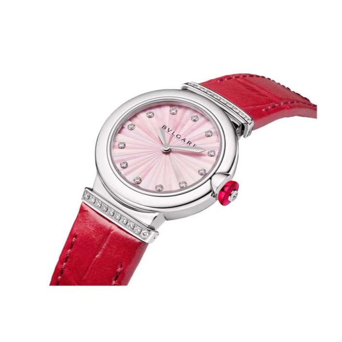 Bvlgari Lvcea Intarsio Diamonds Mother of Pearl Pink Dial Red Leather Strap Watch for Women - LVCEA103619