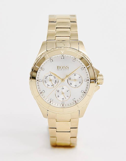 Hugo Boss Premiere White Dial Gold Steel Strap Watch for Women - 1502445