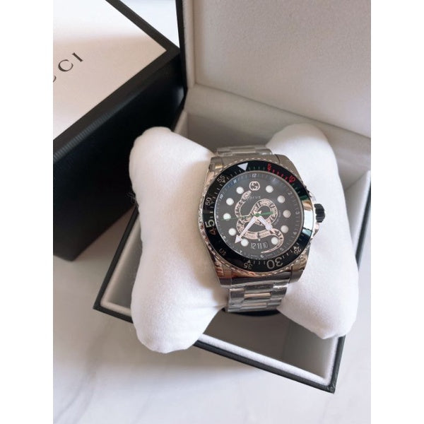 Gucci Dive Quartz Stainless Steel Black Snake Dial Watch For Men 45mm  - YA136218