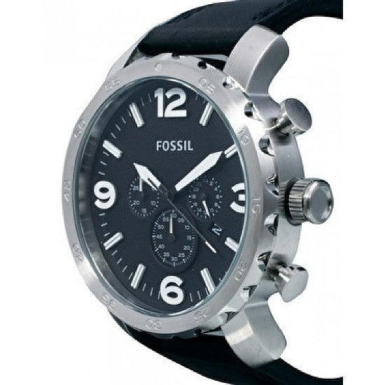 Fossil Nate Chronograph Black Dial Black Leather Strap Watch for Men - JR1436