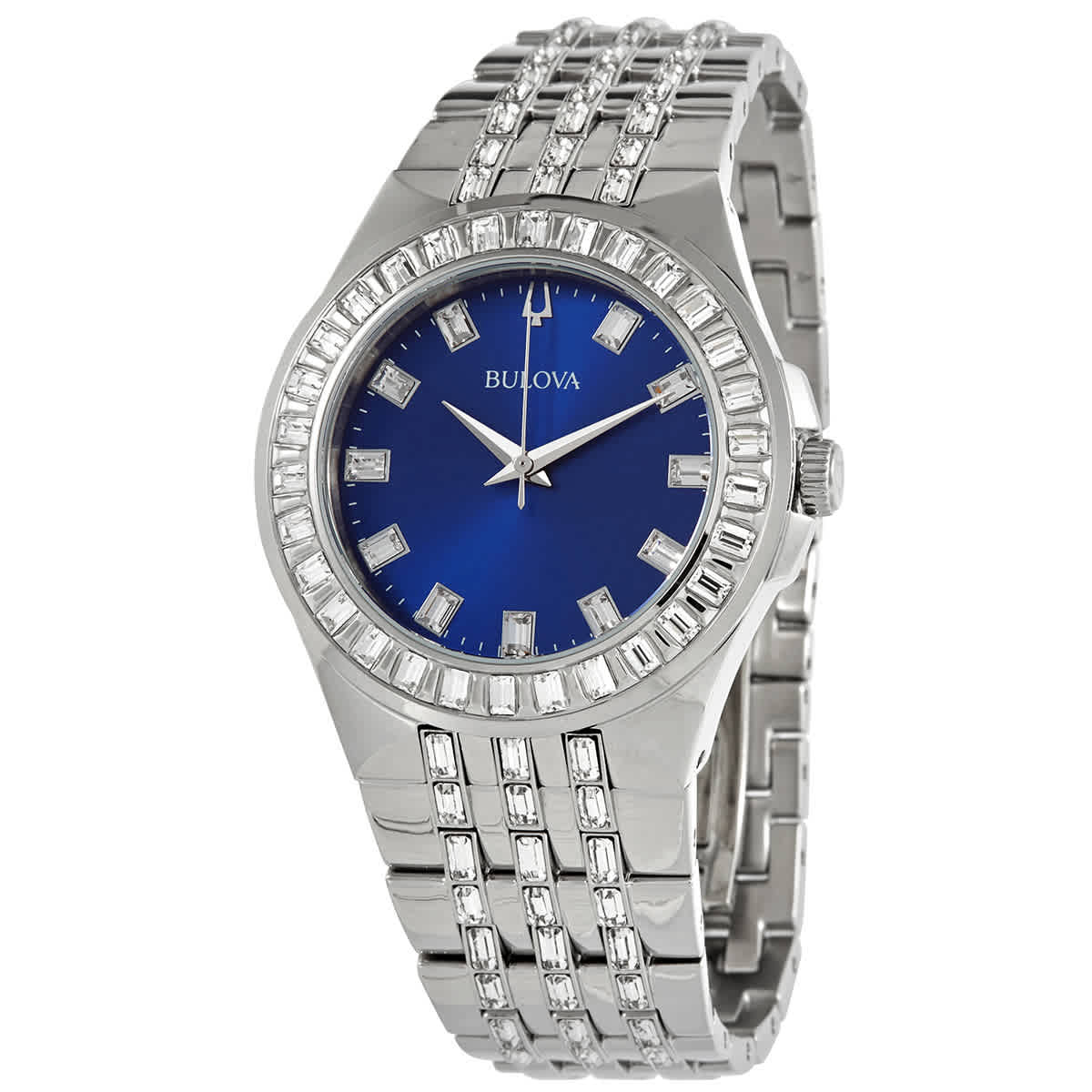 Bulova Phantom Baguette Crystal Blue Dial Silver Steel Strap Watch for Men - 96A254