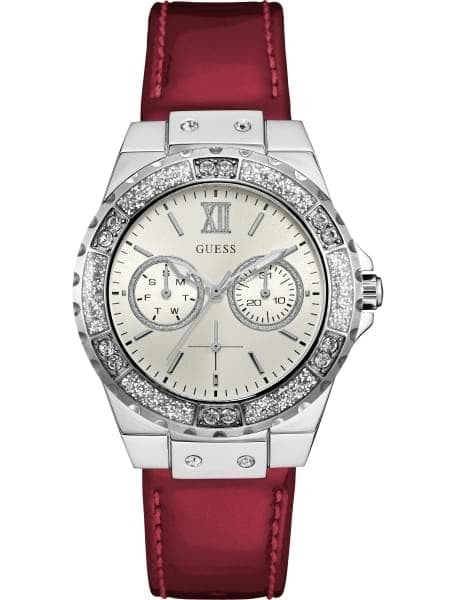 Guess Limelight Quartz Diamonds White Dial Red Leather Strap Watch For Women - W0775L11