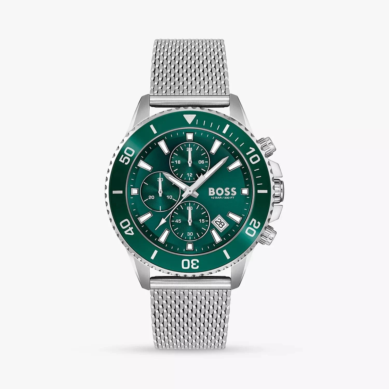 Hugo Boss Admiral Chronograph Green Dial Silver Mesh Bracelet Watch for Men - 1513905