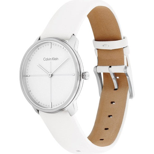 Calvin Klein Accent Silver Dial White Leather Strap Watch for Women - K2Y2X1K6