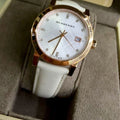 Burberry The City Silver Diamonds Dial White Leather Strap Watch for Women - BU9130