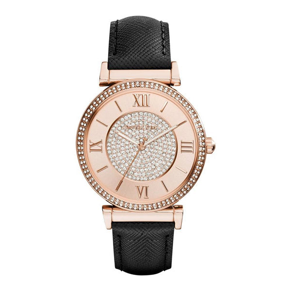 Michael Kors Catlin Rose Gold Crystal Dial Black Leather Strap Watch for Women - MK2376