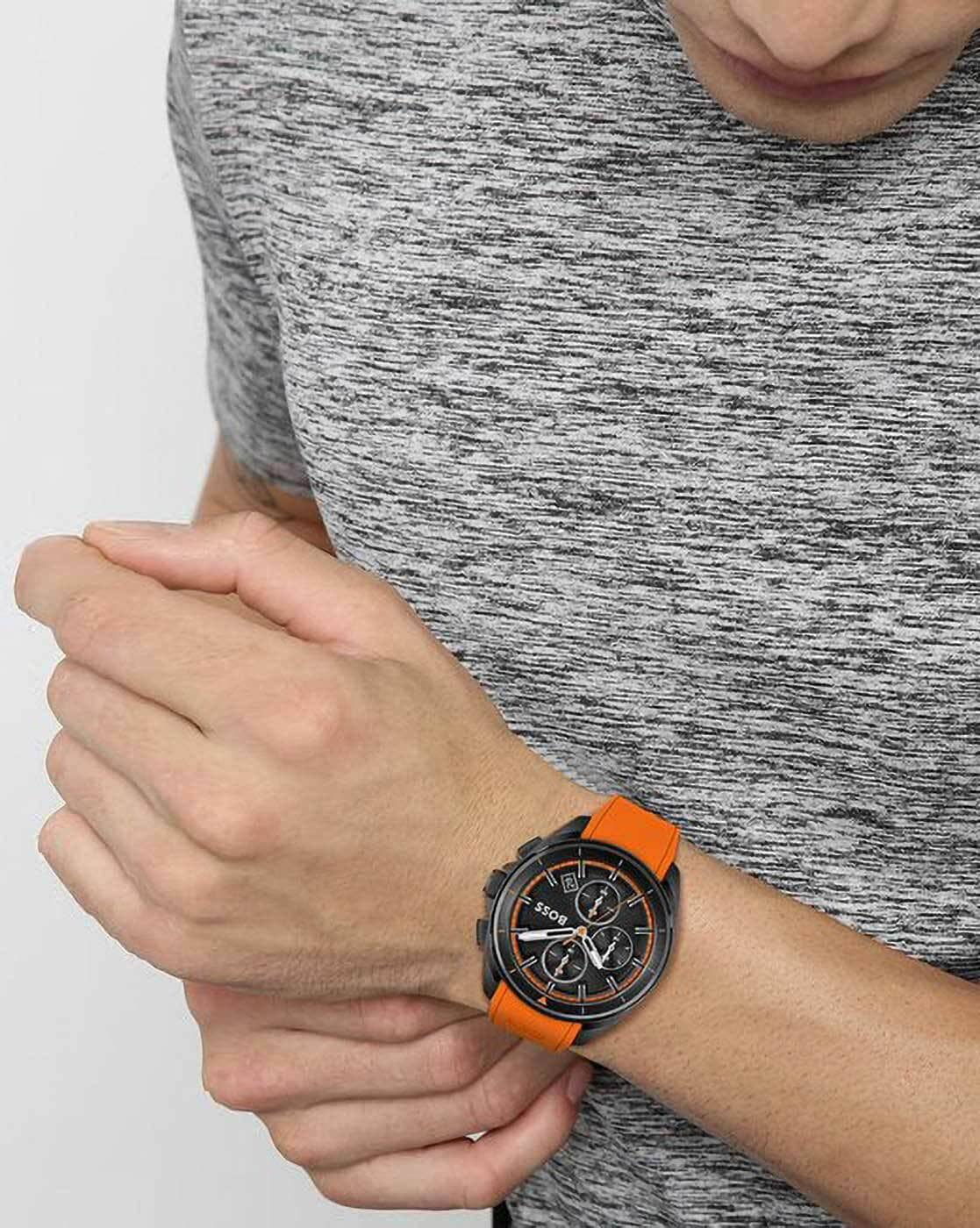 Hugo Boss Volane Chronograph Black Dial Orange Silicone Strap Watch for Men - 1513957