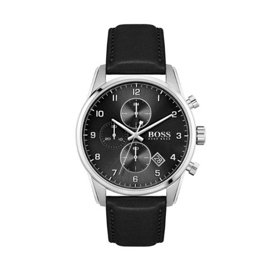 Hugo Boss Skymaster Chronograph Black Dial Black Leather Strap Watch for Men - 1513782