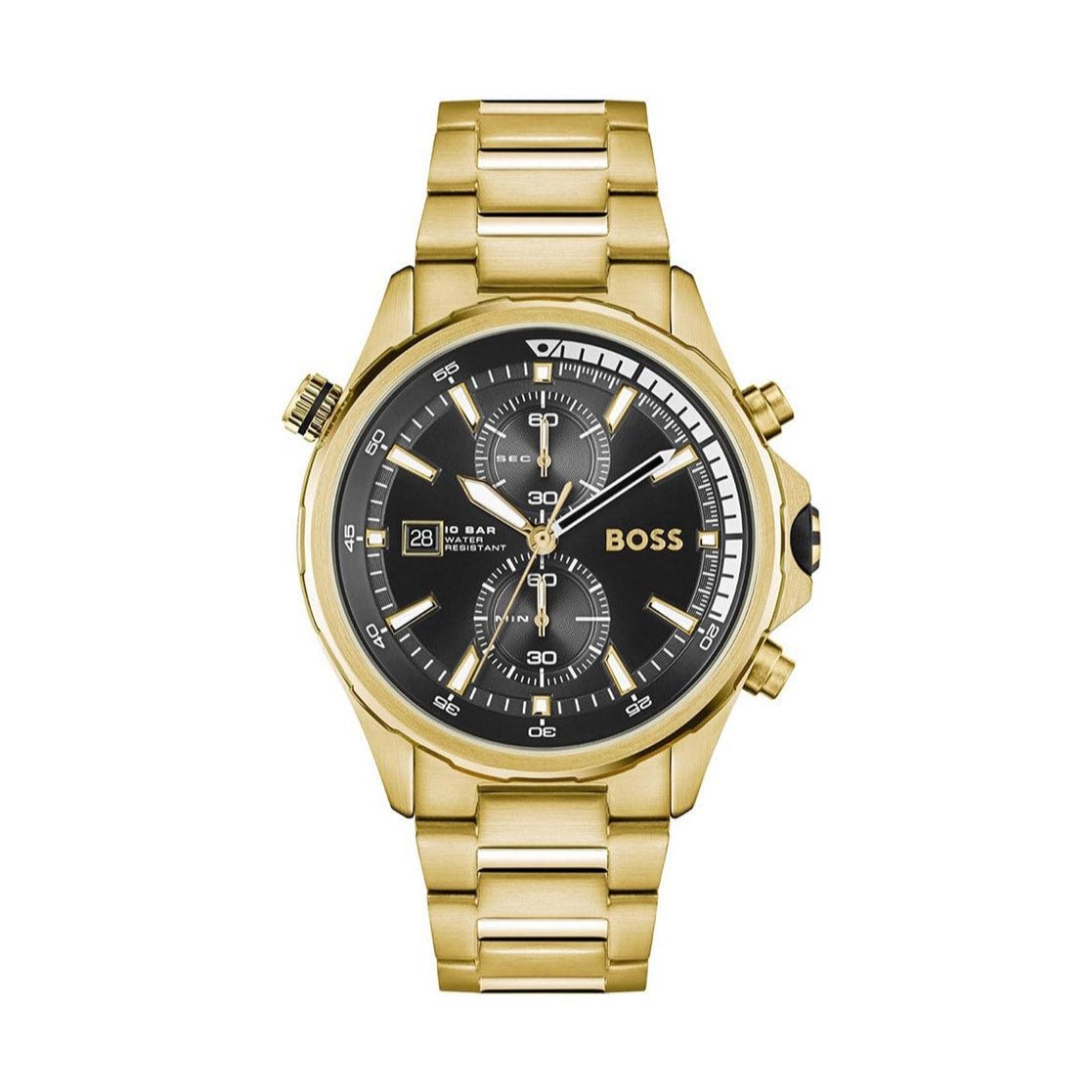 Hugo Boss Globetrotter Chronograph Black Dial Gold Steel Strap Watch for Men - 1513932