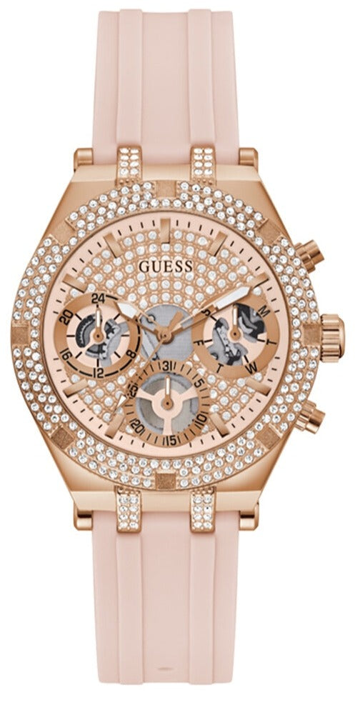 Guess Heiress Diamonds Rose Gold Dial Pink Rubber Strap Watch for Women - GW0407L3
