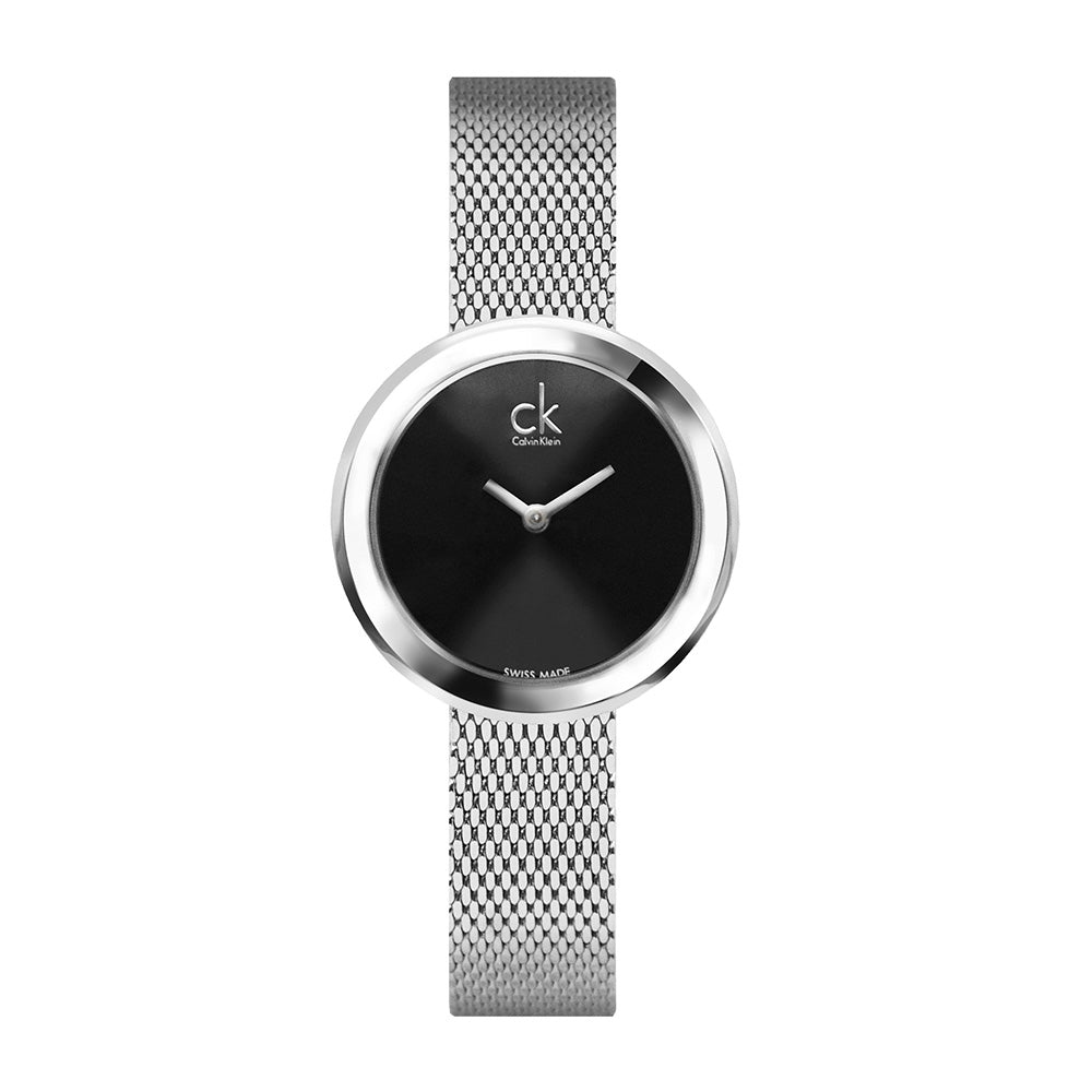 Calvin Klein Firm Black Dial Silver Mesh Bracelet Watch for Women - K3N23121