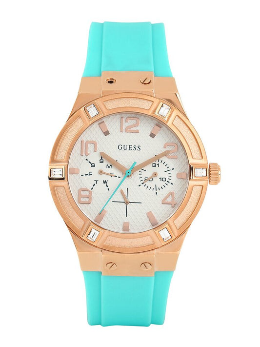 Guess Jet Setter White & Rose Gold Dial Turquoise Silicone Strap Watch For Women - W0564L3