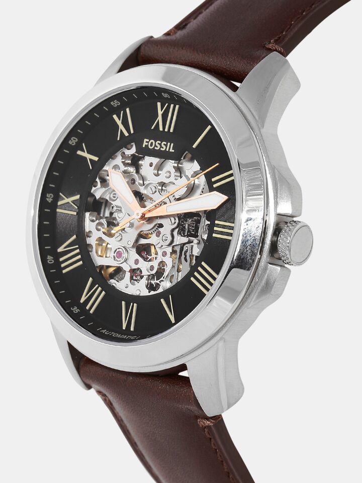 Fossil Grant Automatic Skeleton Black Dial Brown Leather Strap Watch for Men - ME3100