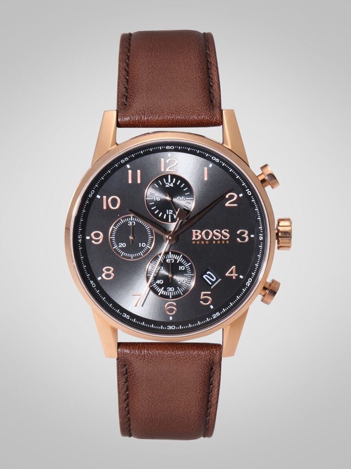 Hugo Boss Navigator Chronograph Grey Dial Brown Leather Strap Watch for Men - 1513496