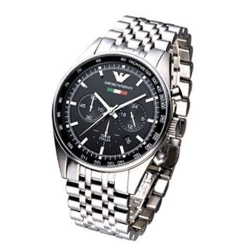 Emporio Armani Tazio Chronograph Team Italia Black Dial Silver Steel Strap Watch For Men - AR5983