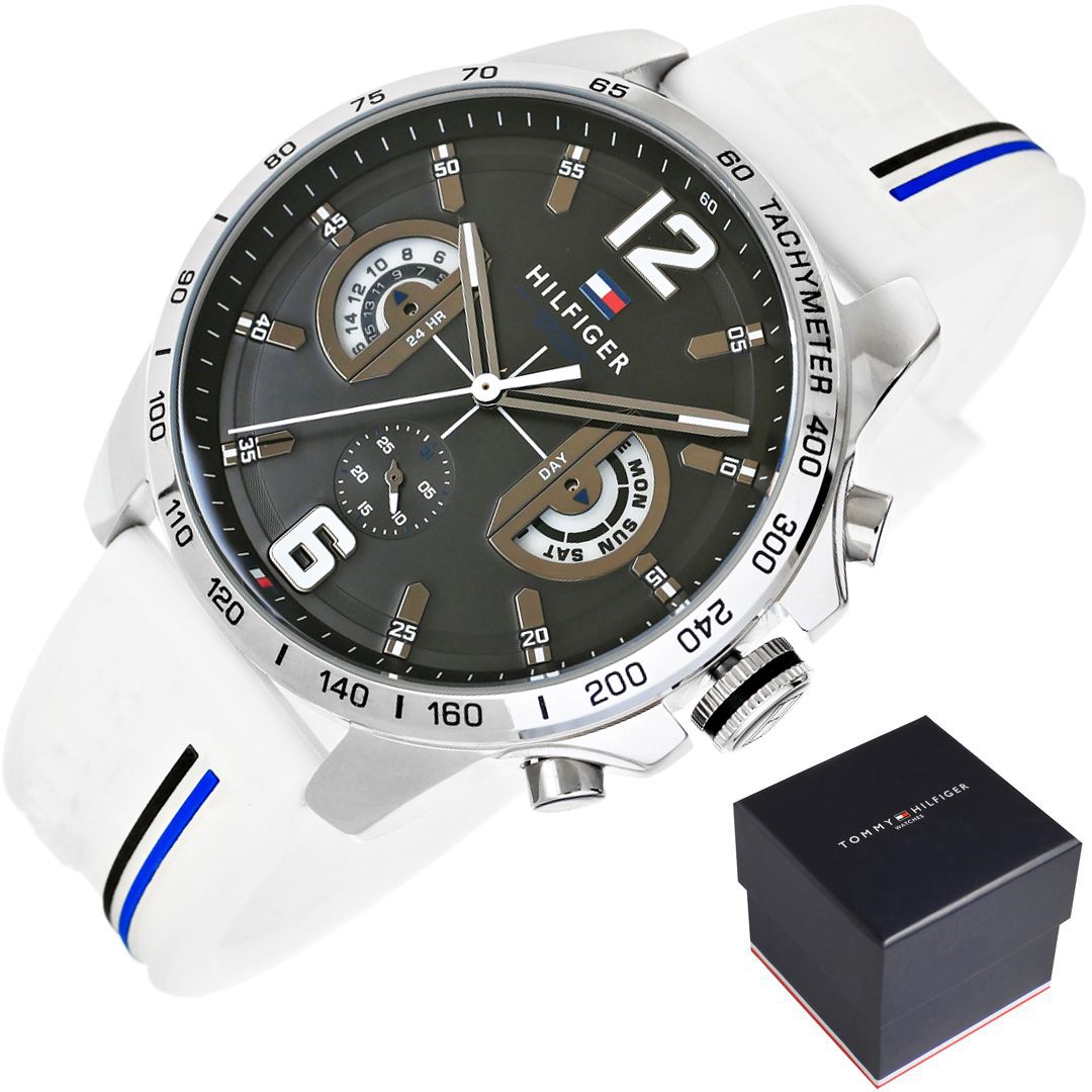 Tommy Hilfiger Multi Function Quartz Black Dial White Rubber Strap Watch for Men - 1791475