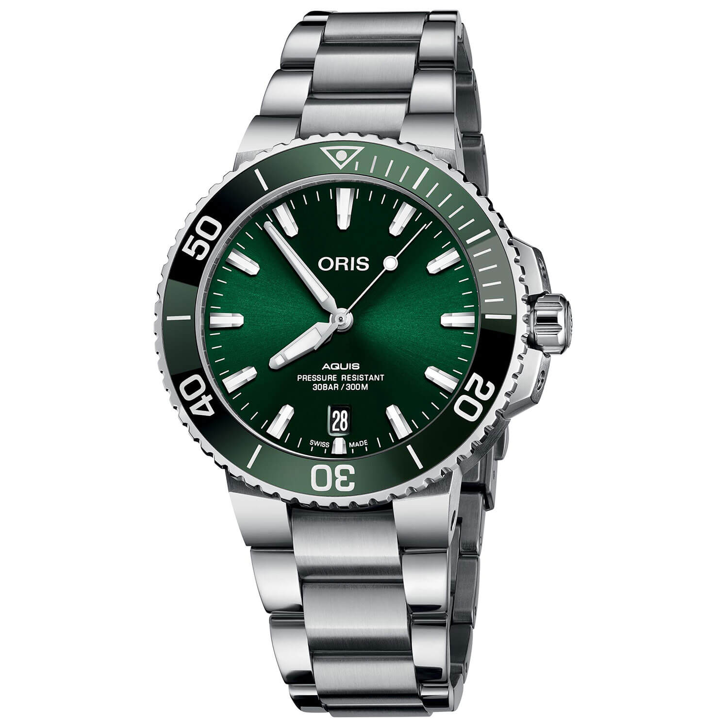 Oris Aquis Date Green Dial Silver Steel Strap Watch for Men - 0173377304157-0782405PEB