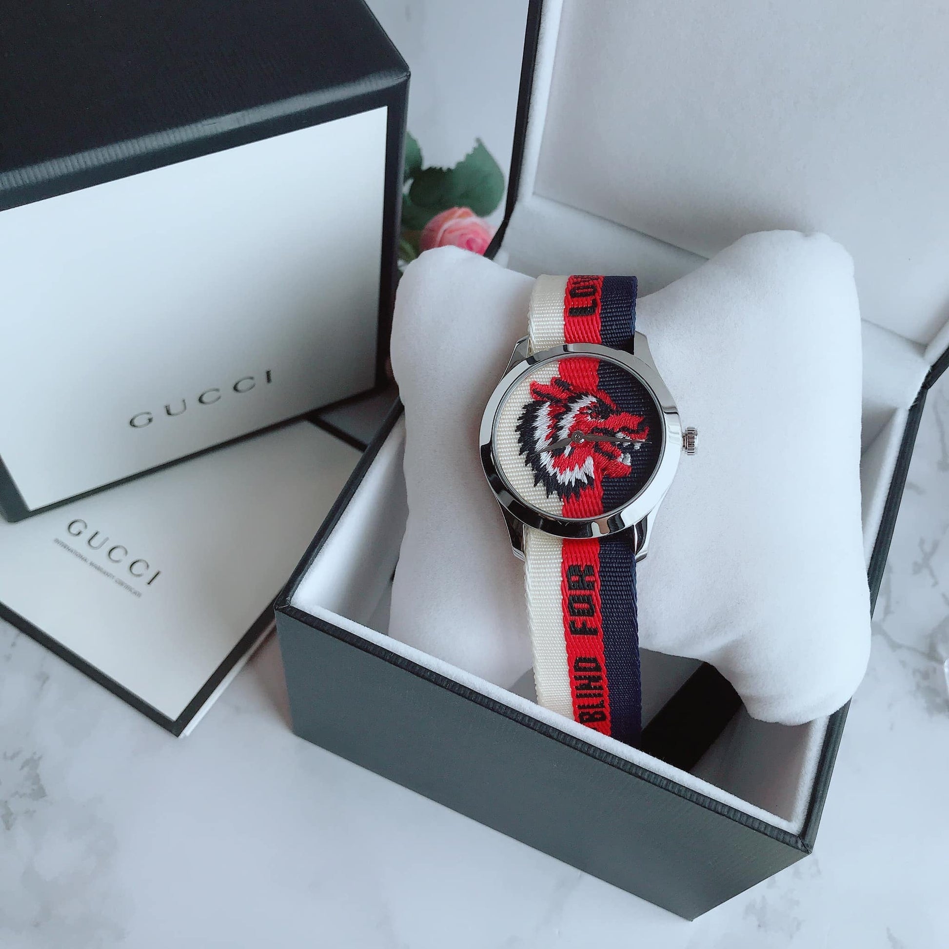 Gucci G Timeless Quartz White Red Blue Dial Multicolored NATO Strap Watch For Men - YA1264059