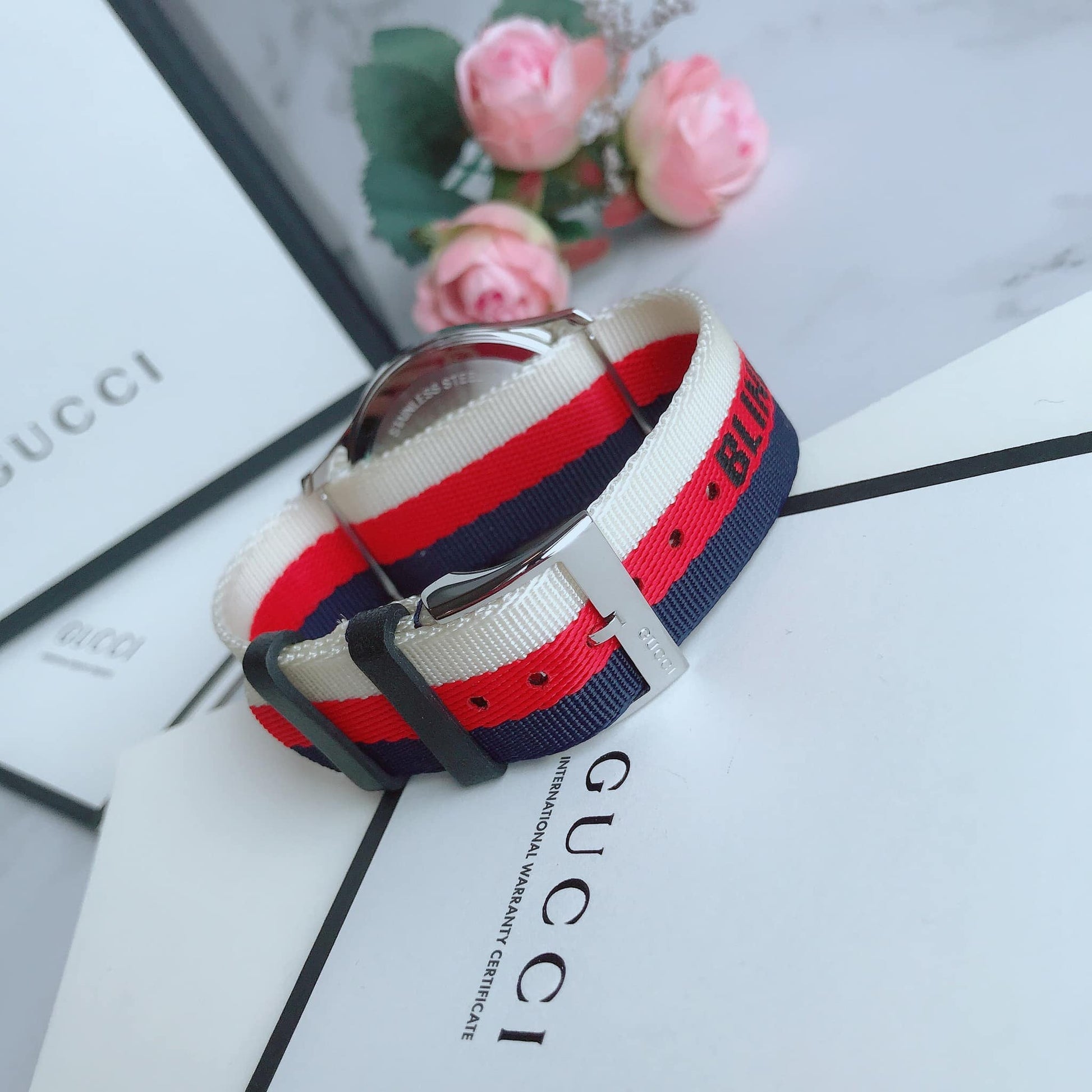 Gucci G Timeless Quartz White Red Blue Dial Multicolored NATO Strap Watch For Men - YA1264059