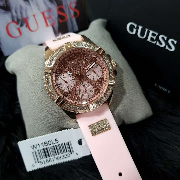 Guess Frontier Diamonds Rose Gold Dial Pink Rubber Strap Watch For Women - W1160L5