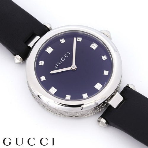 Gucci Diamantissima Diamonds Black Dial Black Leather Strap Watch For Women - YA141403