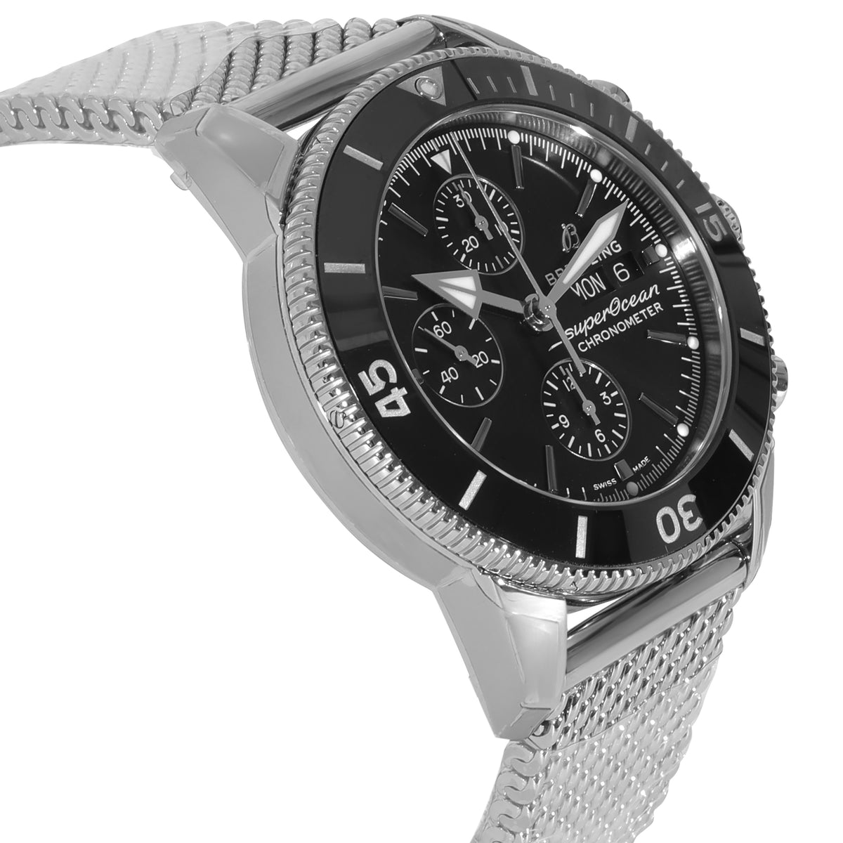 Breitling Superocean Heritage Chronograph 44 Black Dial Silver Mesh Bracelet Watch for Men - A13313121B1A1