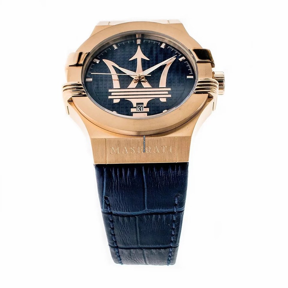 Maserati Potenza 42mm Rose Gold & Blue Dial Blue Leather Strap Watch For Men - R8851108027