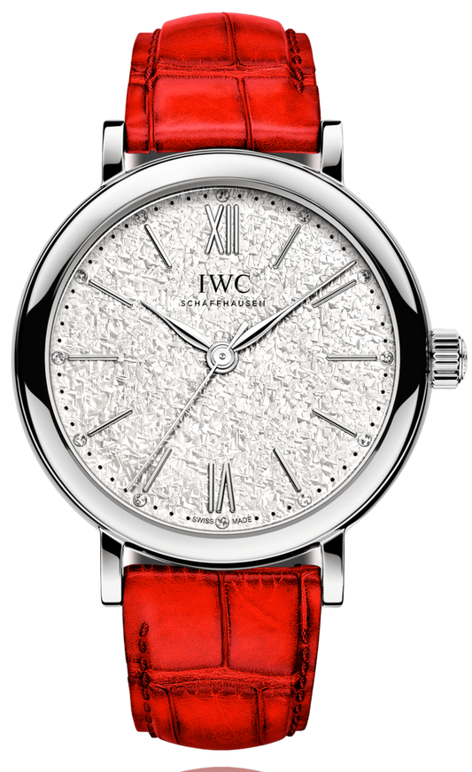 IWC Portofino Automatic Diamonds Silver Dial Red Leather Strap Watch for Women - IW357408