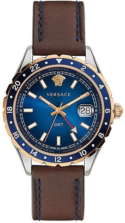 Versace Hellenyium GMT Blue Dial Brown Leather Strap Watch for Men - V11080017