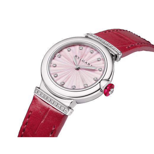 Bvlgari Lvcea Intarsio Diamonds Mother of Pearl Pink Dial Red Leather Strap Watch for Women - LVCEA103619