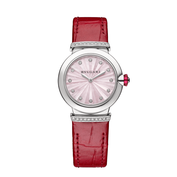 Bvlgari Lvcea Intarsio Diamonds Mother of Pearl Pink Dial Red Leather Strap Watch for Women - LVCEA103619